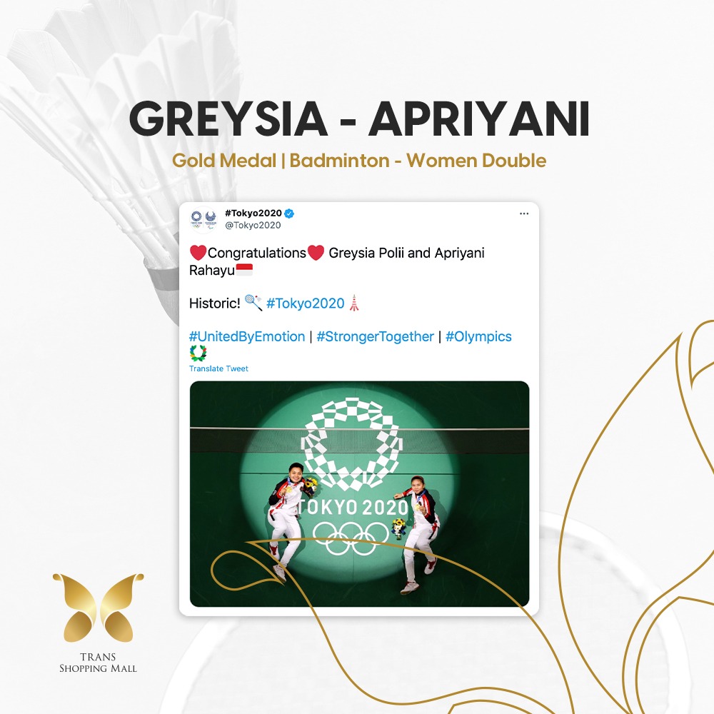 Congratulations Greysia Polii &amp; Apriani Rahayu for winning gold medal, badminton - woman double, at <a href="/Olympics/">The Olympic Games</a> ! INDONESIA BANGGA 🇮🇩🎉

#TokyoOlympics2020