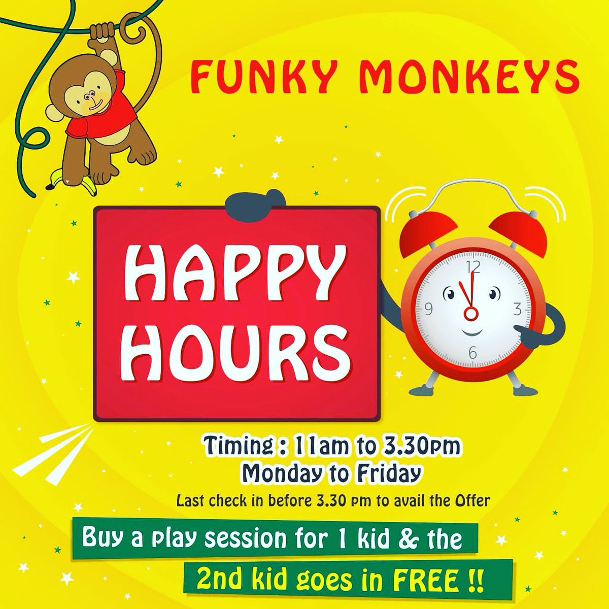 funkymonkeysBOM's tweet image. Buy 1 Get 1 FREE!! Come avail of our amazing Happy Hours offer on weekday mornings!! #funkymonkeys #indoorplaycenter #indoorplayarea #kids #kidsfun