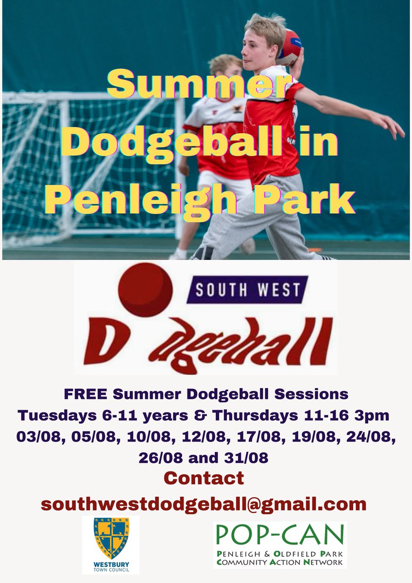🏀 FREE Dodgeball sessions in Penleigh Park during August
🏀 Tuesdays (age 6-11) and Thursdays (age 11-16) 
🏀 3pm
Penleigh and Oldfield Park Community, Westbury