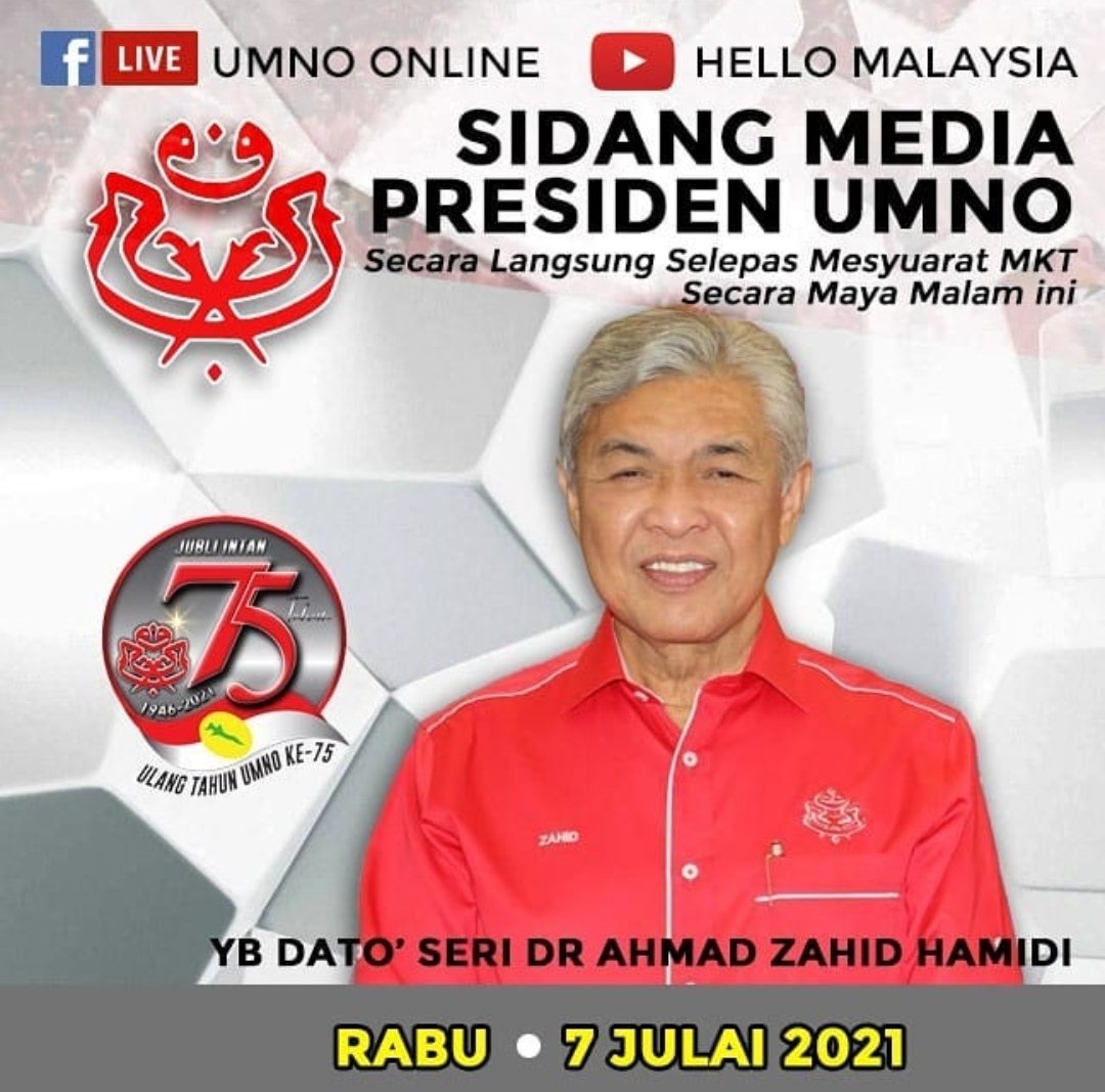 umnoonline's tweet photo. Ikuti Sidang Media Presiden #UMNO Datuk Seri Dr Ahmad Zahid Hamidi secara langsung di FB Live #UMNOOnline &amp; youtube UMNO Online (dijangka jam 6 petang), selepas Mesyuarat #MajlisKerjaTertinggi secara maya petang ini.

https://t.co/sdA17WF4By https://t.co/GBj1n3PtXs