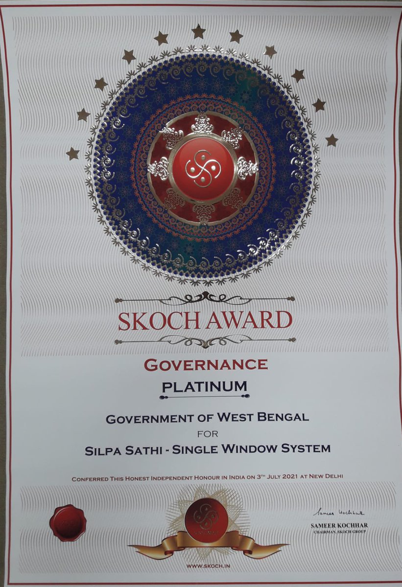 MamataOfficial's tweet photo. Delighted to announce that under Ease of Doing Business initiative, GoWB schemes including Silpasathi, e-Nathikaran, online system for auto-renewal of certificate of enlistment (urban) &amp; online system for issuance of trade license (rural) have won the esteemed SKOCH Awards. (1/2) https://t.co/JHzCu96LAO