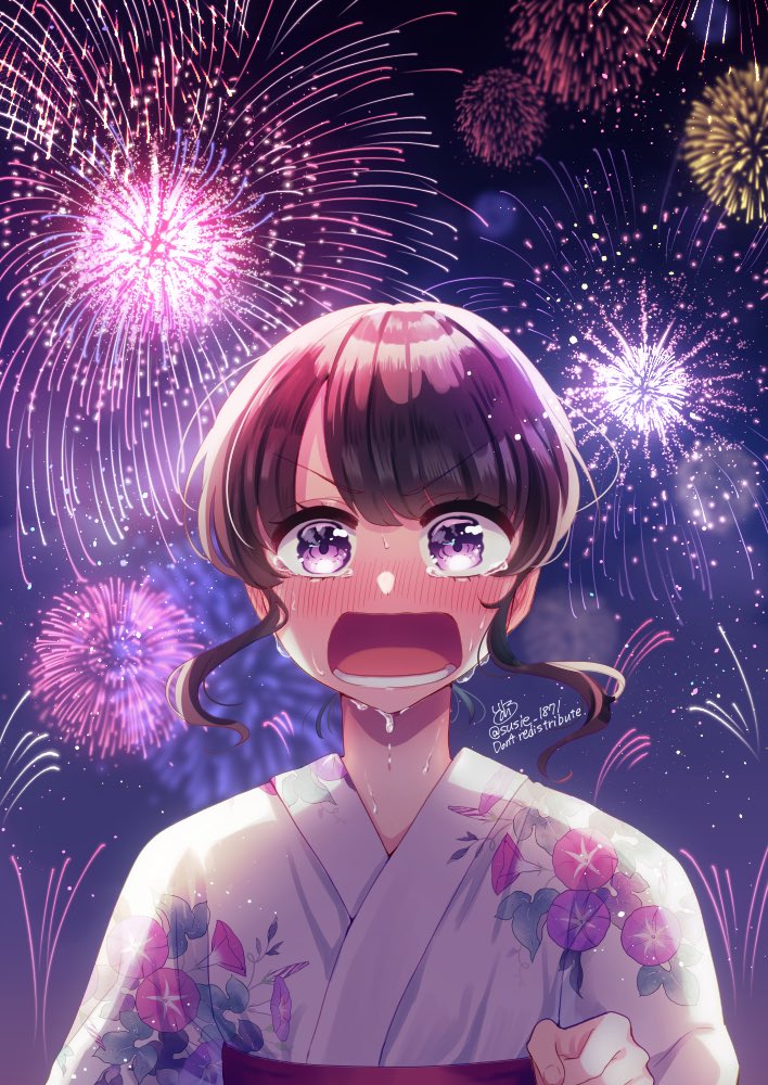 1girl japanese clothes kimono fireworks solo blush open mouth  illustration images