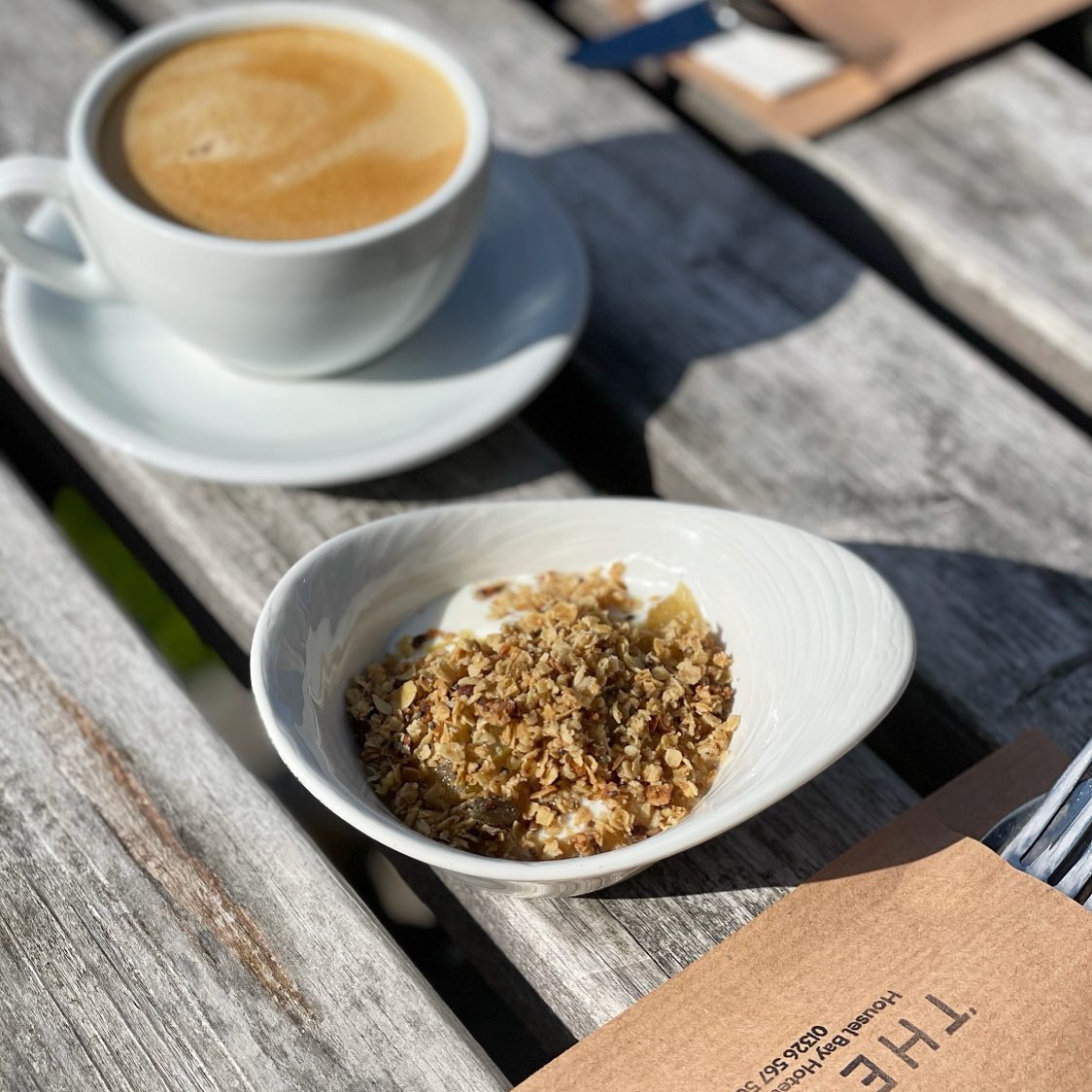 To start - our signature pumpkin seed &amp; hazelnut granola, with a flat white ☕️ - houselbay.com/the-terrace