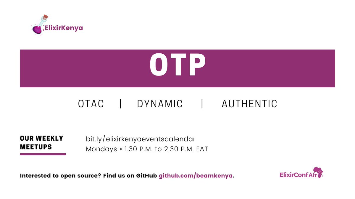 ElixirKenya's tweet photo. We finished talking about #Mnesia last week.
Join us as we spark an interesting conversation about #OTP over the next few weeks.
Date: 8th Aug
Time: 1330 - 1430hrs EAT
Tickets: https://t.co/acEwFTvKCq
#myelixirstatus #erlang #WeBeamTogehter https://t.co/Ai9ELk1l2v