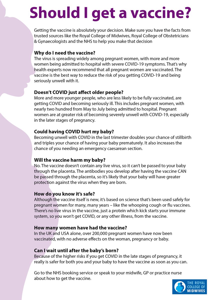 MidwivesRCM's tweet photo. If you are pregnant and looking for advice on the COVID vaccine, we have created an information sheet answering some of the most common questions. Download here: https://t.co/nOFbBl8Bpr https://t.co/9zm3CTiDdc