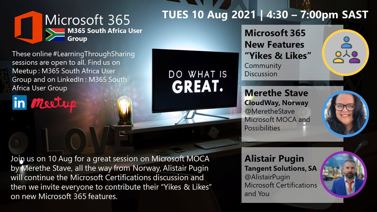 OddModlin's tweet image. Join the M365 User Group on the 10th of august for a fun evening of #LearningThroughSharing. @MeretheStave talks Microsoft MOCA, @AlistairPugin discusses Certifications and you share your &quot;Yikes &amp;amp; Likes&quot; on new #Microsoft365 features. meetup.com/Johannesburg-O…