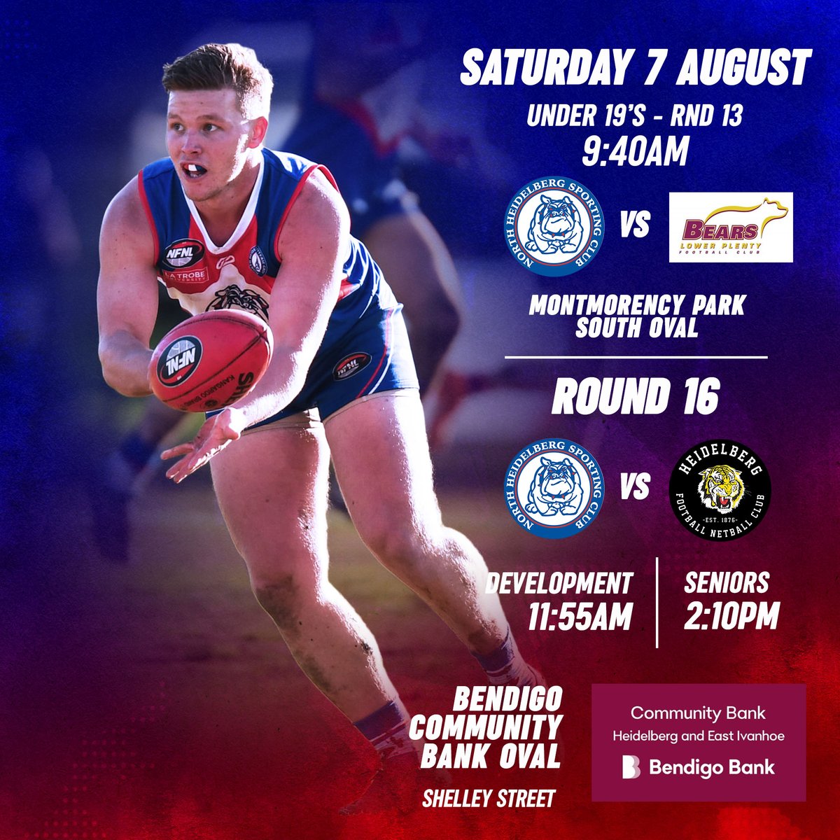 🏐 Games are being played at La Trobe this week, with one game at Mernda Primary for NH7.

🏉 Football: Seniors and Devs are playing <a href="/HeidelbergFC/">Heidelberg Football Netball Club</a> at home
The U19s vs <a href="/LPBearsfc/">Lower Plenty FC</a> 

#godoggies #unitedasone 🐶🔴⚪️🔵 ⠀⠀⠀⠀⠀⠀

📸 @nwmsports1
🖥 @BrikksandMortar
<a href="/northernfnl/">Northern FNL</a>