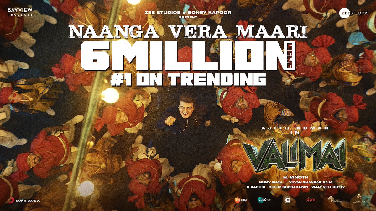 thisisysr's tweet photo. TRENDING ON 1️⃣with 6️⃣ MILLION REAL-TIME VIEWS! 🔥
 
#NaangaVeraMaari 😎➡️ https://t.co/U3NDQPzJm4…

#Valimai #30YearsOfAjithKumar

#AjithKumar #HVinoth @BayViewProjOffl @ZeeStudios_ @sureshchandraa @VigneshShivN @anuragkulkarni_ 

#ValimaiFirstSingle https://t.co/6oOVutY23L