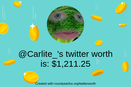 Carlite_'s tweet photo. My Twitter worth is: $1,211.25

Find yours with https://t.co/o2gvYG9PKs

⠀ https://t.co/08b1TaSBtj