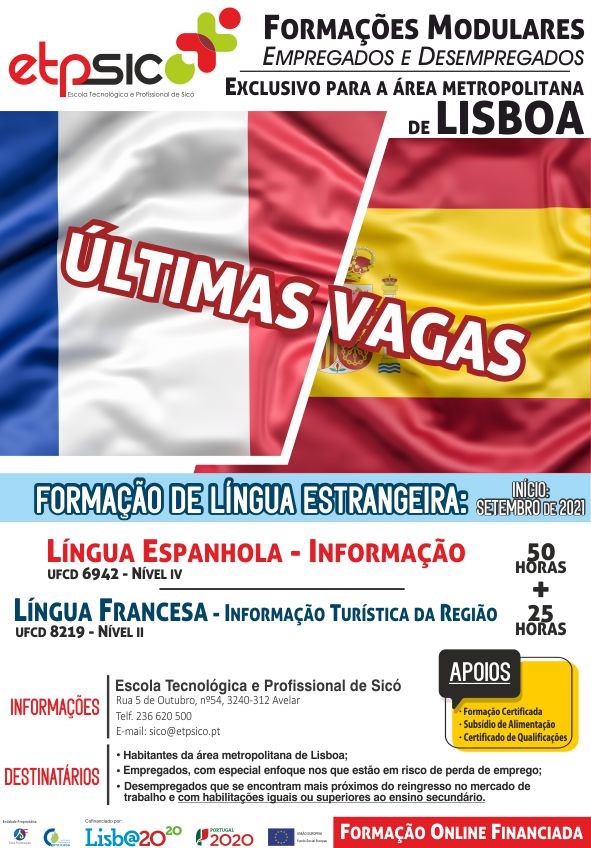 Formações Modulares - Lisboa 2020: 
- Língua Espanhola - informação | 50 H
- Língua Francesa - informação turística da região | 25
Inscreva-se em: docs.google.com/.../1FAIpQLSdC…