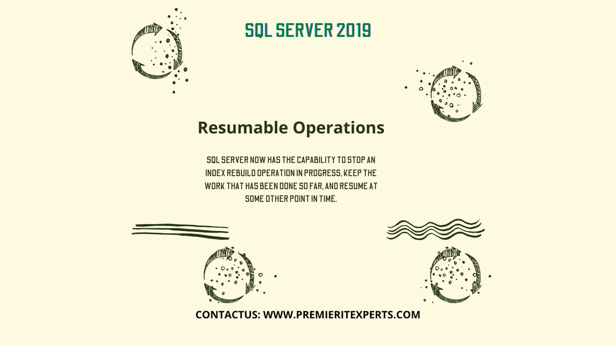 premieritexpert's tweet image. At Premier IT Experts, we can help setup or configure the new features of SQL Server like Online clustered columnstore index build and rebuild, Resumable online rowstore index build and Suspend and resume initial scan for TDE and any other feature of SQL Server 2019.
#sql2019