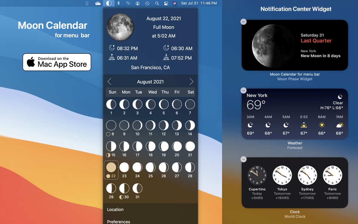 rivolu's tweet image. Moon Calendar for menu bar app now adds support for moon phase notification center widget on mac OS Bigsur and higher.
apps.apple.com/us/app/moon-ca…

#moon #moonphase #macos #widget