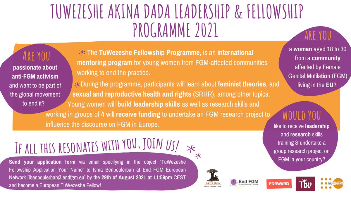 ⏰ Extended Deadline to apply for the TuWezeshe Fellowship Programme!

Receive leadership training in English &amp; French and funding for a research project on #FGM. For women aged 18-30, from FGM-affected communities and living in the #EU. 

🙌 Apply now: bit.ly/3Ay0UdC