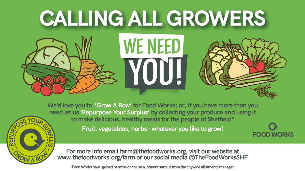 CALLING ALL GROWERS! 🥦🥕

We’d love you to ‘Grow A Row’ for us or we can collect and 'Repurpose Your Surplus' so everyone in Sheffield can enjoy fresh produce.

Full info: thefoodworks.org/farm/ 

#GrowARow #Sheffield #GrowYourOwn #UrbanGrowing #FoodWorks #RepurposeYourSurplus