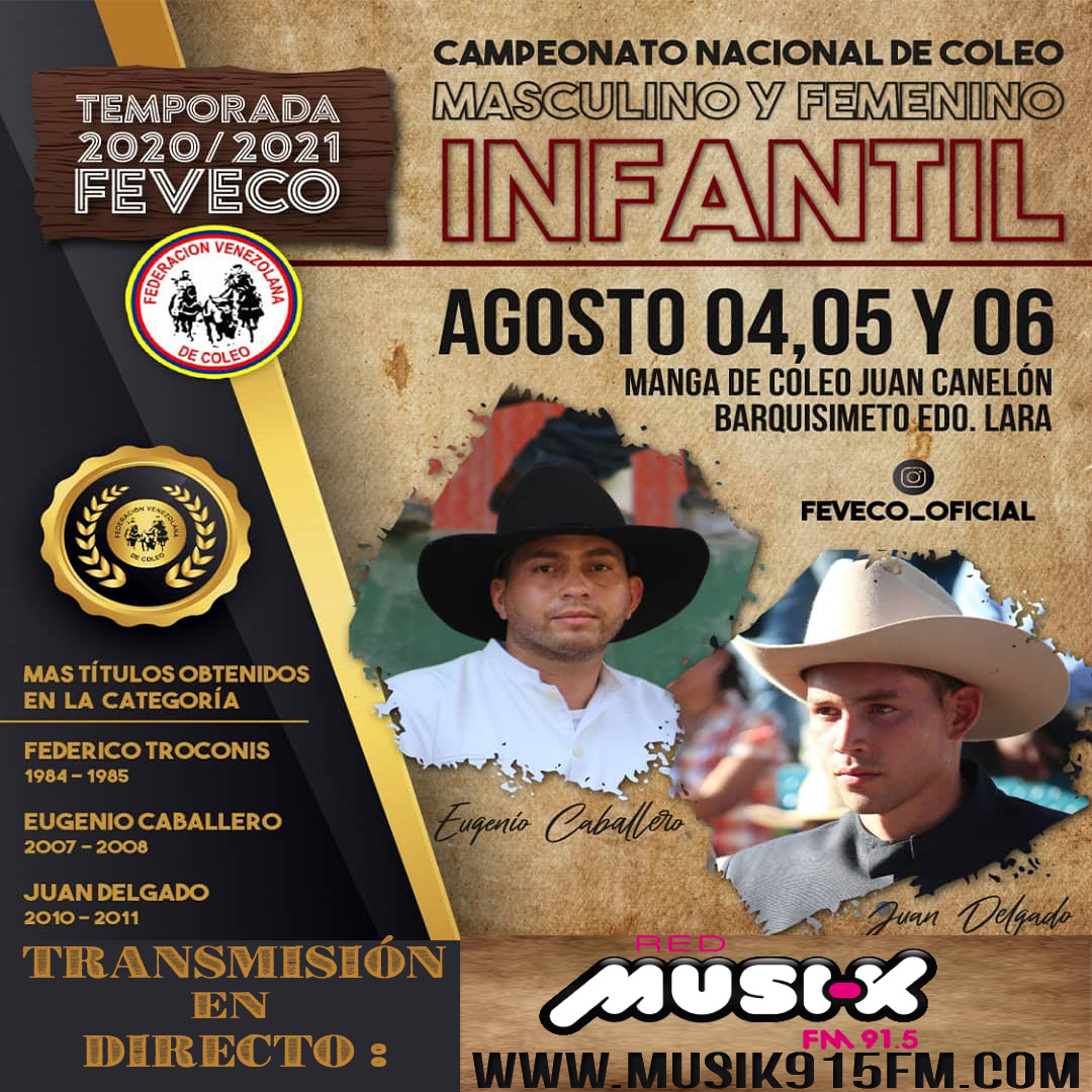 Musik915's tweet photo. Desde el Miércoles 04 al Viernes 06 de Agosto Campeonato Nacional de Coleo Cat. Infantil con transmisión de la Red Musik 91.5 fm https://t.co/QDfHciGivU https://t.co/IEVEBgWvgZ