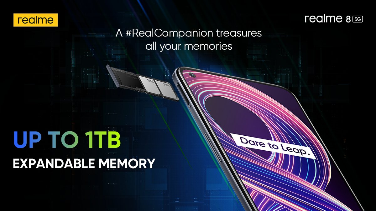realmeIndia's tweet photo. Memory saved today can be cherished forever! 
Your #RealCompanion, #realme8 5G offers up to 1TB Expandable Memory to make room for a lot of special moments.  
262,000+ photos, 209,000+ songs &amp; 4,190+ TV series to be precise. 
#5GSpeedToInfinity 

Buy now: https://t.co/3Pagfl3LyG https://t.co/UXCPAkcyqw