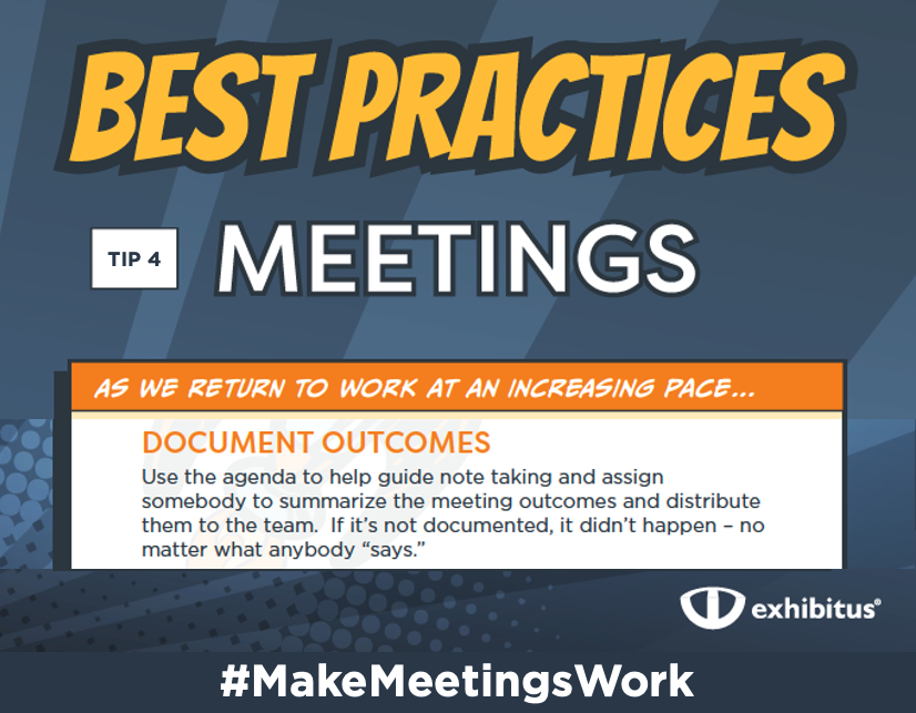 exhibitusinc's tweet photo. Our last #GettingBackToBasics meeting tip from our 4 Part Series is about documenting outcomes. This validates that participants are heard when they see their contributions in writing. #MakeMeetingsWork https://t.co/nQzxTQ85vz