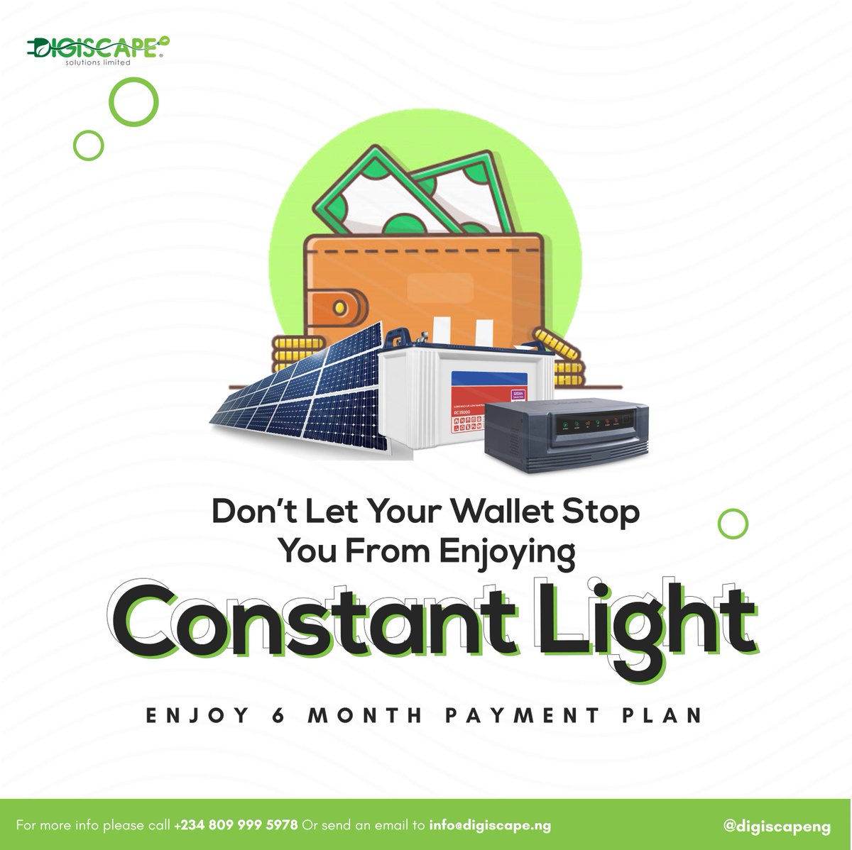 DigiScape Solutions Ltd (@digiscapeng) on Twitter photo The size of your wallet shouldn't be a reason you don't enjoy 24/7 power supply as Digiscape offers a 6-month installment payment plan on our solar 
Click👇🏽
instagram.com/p/CSHU564tg6D/…
#digiscapeng #solar #thinksolar #energy #solarenergy #renewableenergy #dotheswitch #switchtosolar The size of your wallet shouldn't be a reason you don't enjoy 24/7 power supply as Digiscape offers a 6-month installment payment plan on our solar 
Click👇🏽
instagram.com/p/CSHU564tg6D/…
#digiscapeng #solar #thinksolar #energy #solarenergy #renewableenergy #dotheswitch #switchtosolar