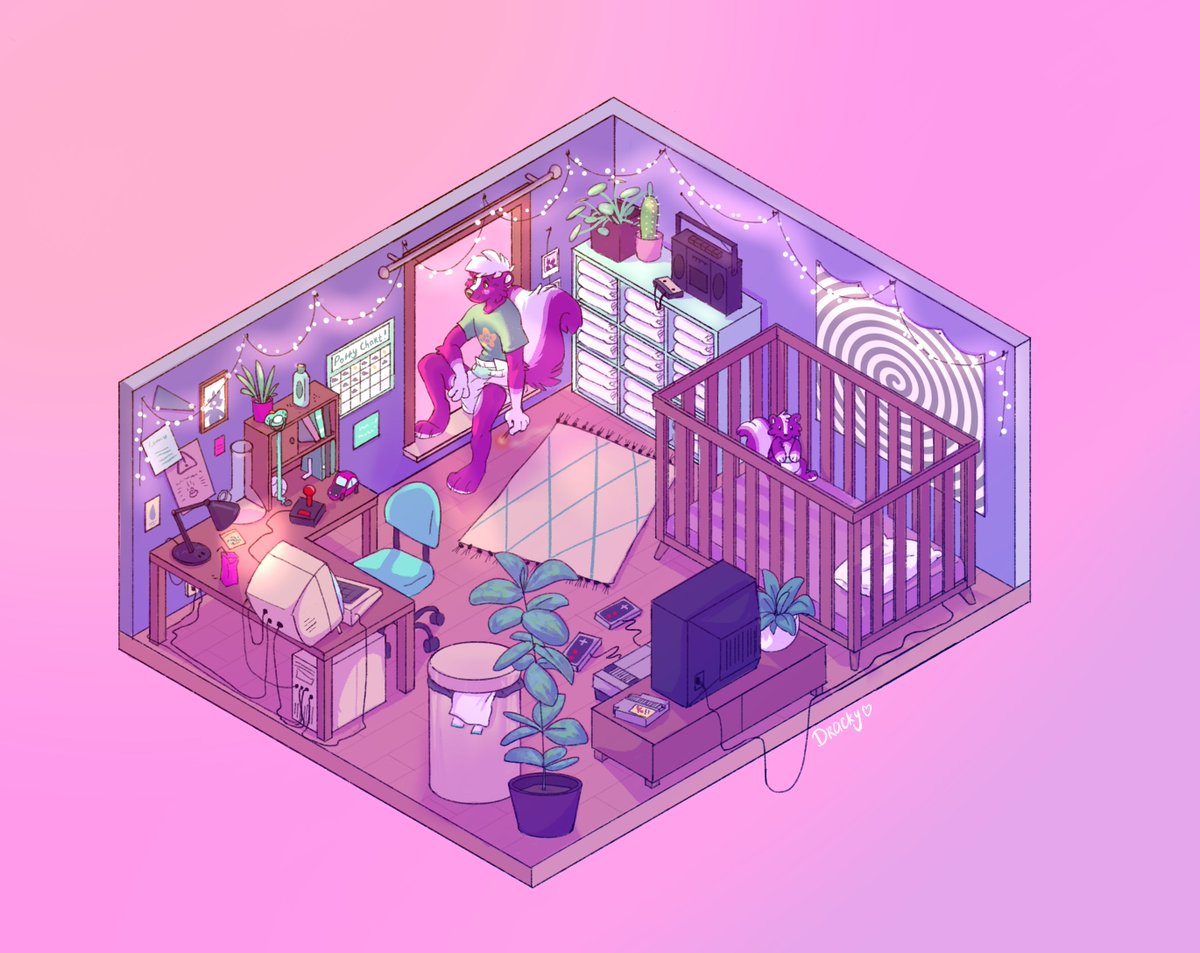 DrackyPoof's tweet photo. lofi hip hop beats to study, sleep or crinkle to 💜🎶

Experimental comm for Soro <3 Isometric pics rule https://t.co/AfzRaCs5h9