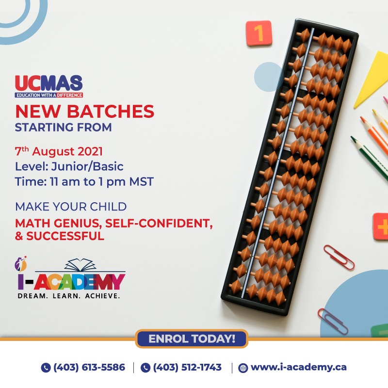 We are back with the new batches that evaluate your child’s elemental math skills! Experience the power of Abacus Learning.  Register your child in the UCMAS program and let them become the genius of Math! 
#ucmas #iacademy #canada #abacus #calgarynortheast #mathgenius #newbatch