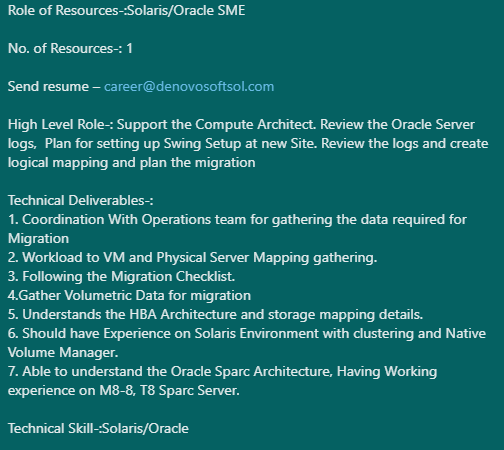 denovosoftsol's tweet image. Role of Resources-:Solaris/Oracle SME

No. of Resources-: 1

Send resume – career@denovosoftsol.com
#oracle #solaris #servermapping #database #sparcserver #oracleconsultant #sparcarchitecture #hbaarchitecture #VMserver #OracleSolaris