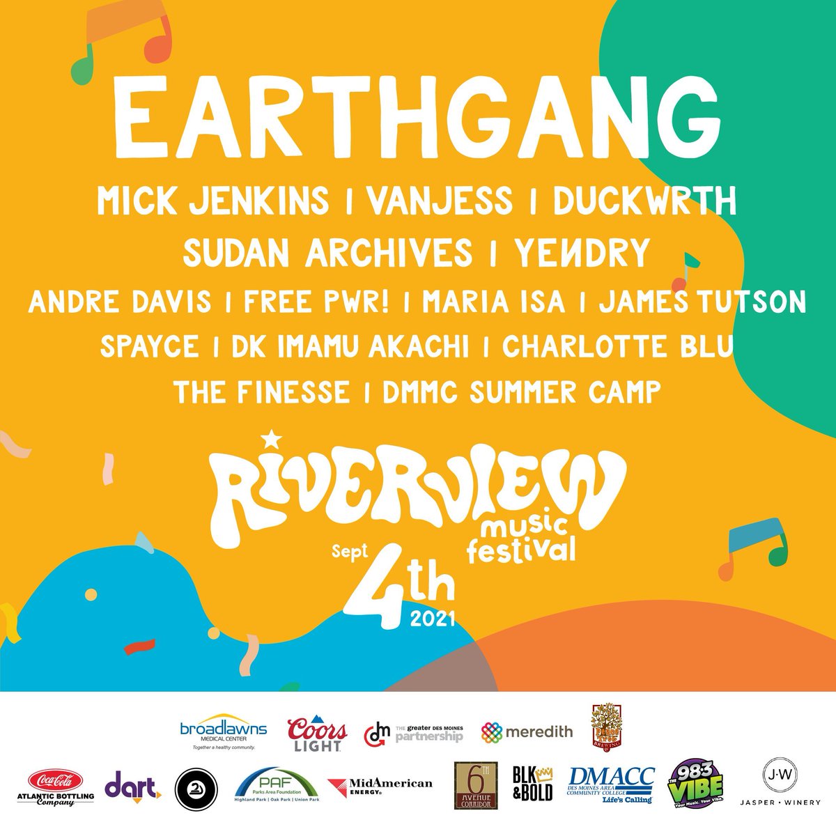 PART ONE -- We've added NINE new acts to <a href="/MusicRiverview/">Riverview Music Festival</a> and a second stage! Riviera stage features: <a href="/EarthGang/">EARTHGANG</a> <a href="/mickjenkins/">Mick</a> <a href="/vanjess/">VanJess</a> <a href="/DUCKWRTH/">DUCKWRTH</a> <a href="/sudanarchives/">Sudan Archives</a> <a href="/yendryofficial/">YEИDRY</a> DK Imamu Akachi and The Finesse.