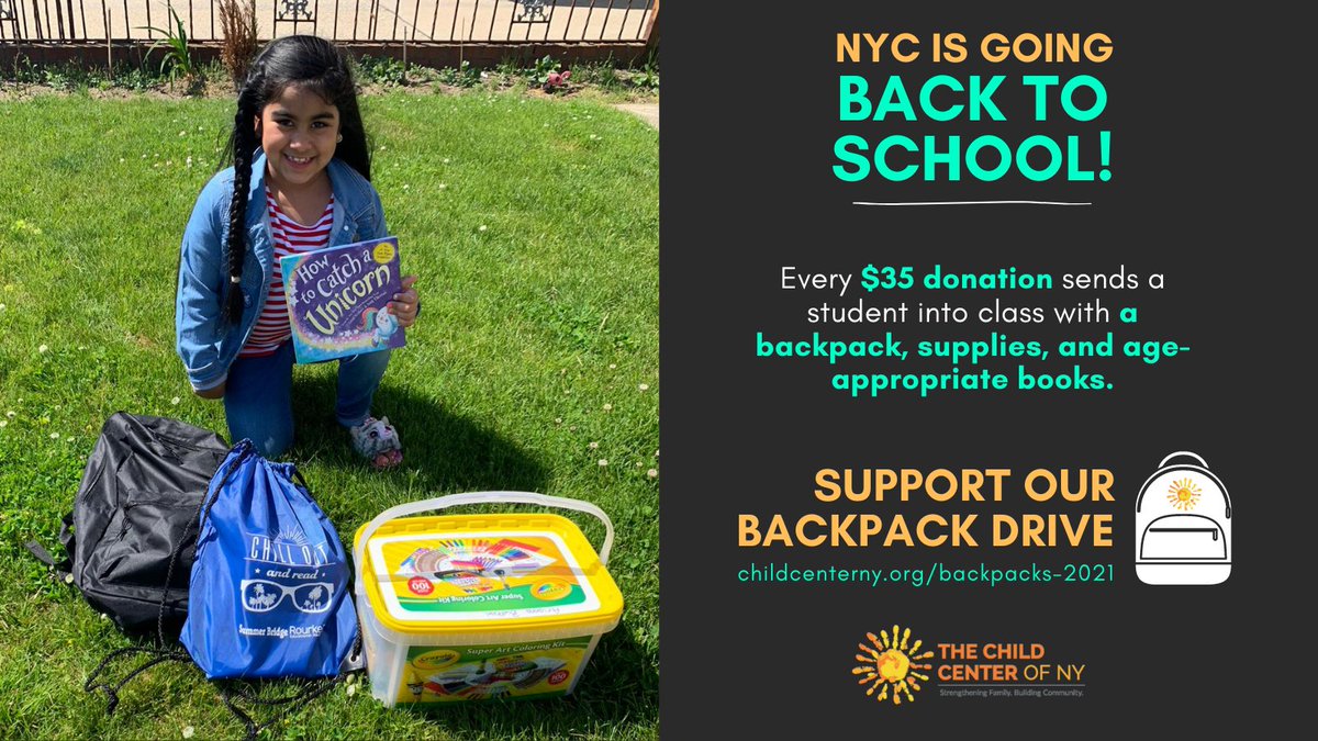 ChildCenterNY's tweet photo. When NYC students return to the classroom this fall, YOU can help them start off the school year on the right foot by supporting @ChildCenterNY’s #BackpackDrive21! Every $35 sends a child back to school with a supply-filled backpack! DONATE TODAY 👉🏽 https://t.co/Y1AW1DwZlY https://t.co/60EL8jS4Vk