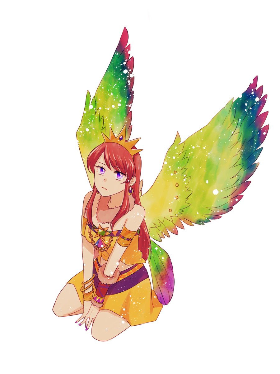 1girl solo wings purple eyes jewelry red hair long hair  illustration images