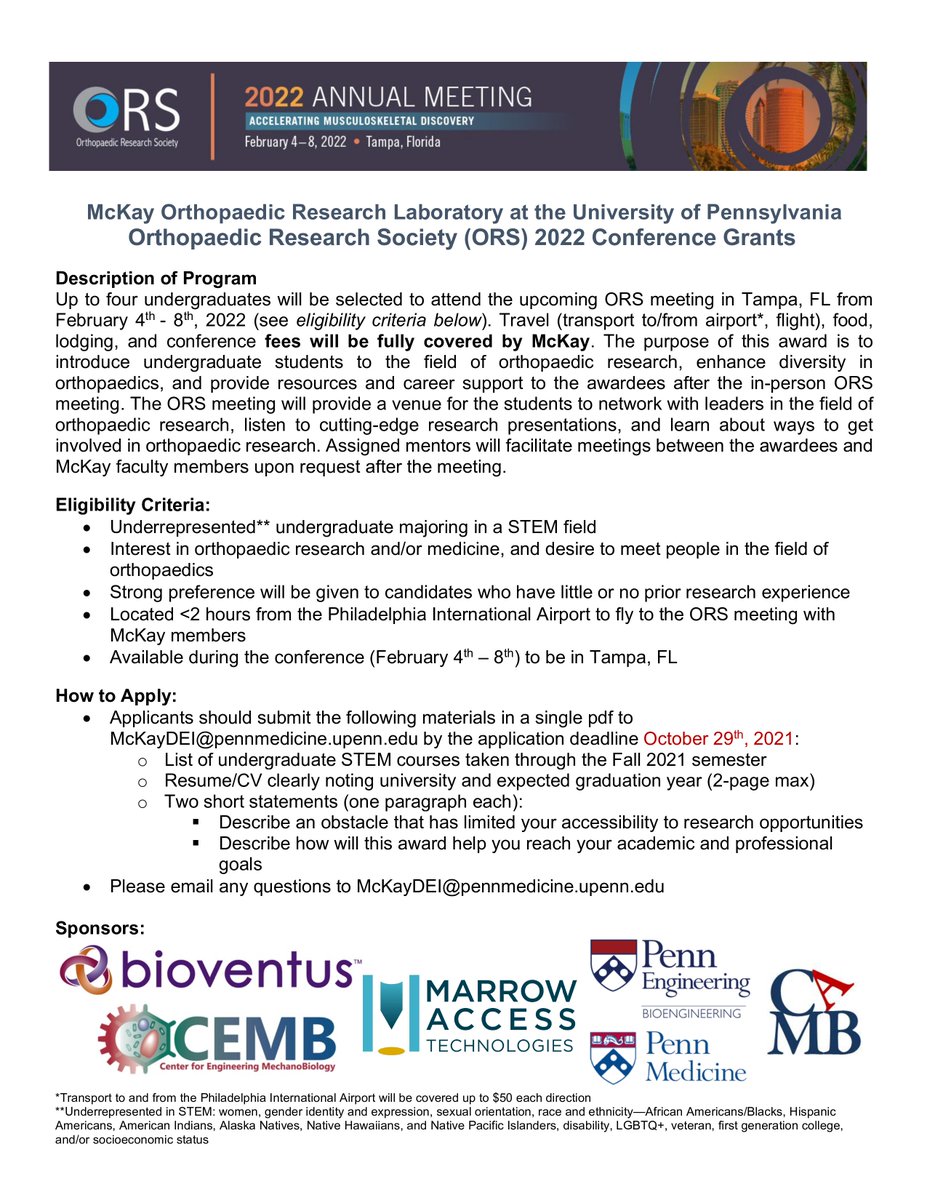We are VERY excited to announce the third round of McKay Conference Grants -- this time for the Orthopaedic Research Society Annual Meeting in Tampa, FL (in-person - Feb. 2022!) #ORS2022 <a href="/ORSsociety/">Orthopaedic Research Society</a>