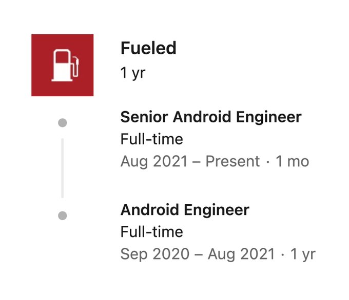 Graphic showcasing a promotion from Android Engineer to Senior Android Engineer at Fueled.