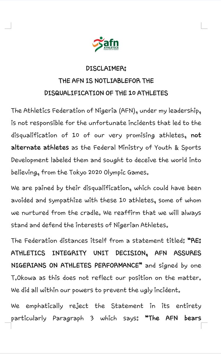 Sport_Integrity's tweet image. The @TheAFN_ denies responsibility for the disqualification of 10 athletes disqualified from #Toyko2020, which appears to be the consequence of an internal power struggle. Statement: sportsintegrityinitiative.com/disclaimer-the…