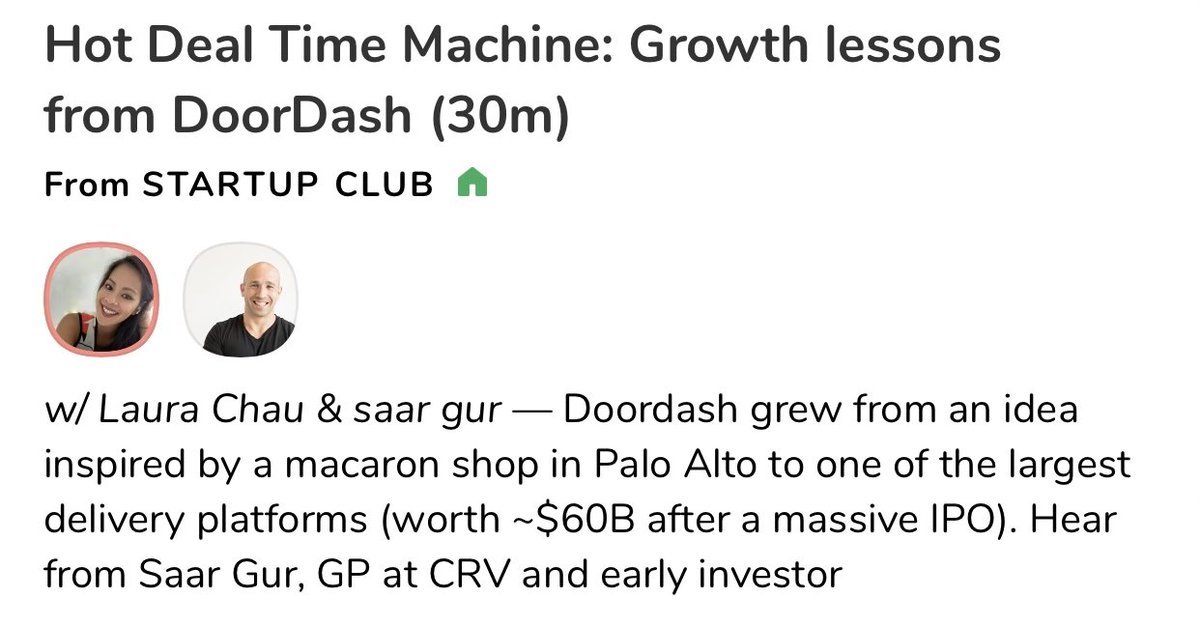 Excited to chat today with <a href="/saarsaar/">saar gur</a> about his early investment in <a href="/DoorDash/">DoorDash</a> and how the delivery platform  managed hyperscale

🎙️Tune in today to  ✨HOT DEAL TIME MACHINE✨ on <a href="/Clubhouse/">Clubhouse</a> at 2PM PT
👉 clubhouse.com/event/MRQJAoea