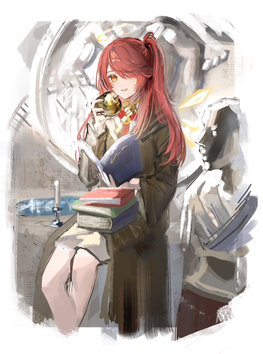 exusiai (arknights) book 1girl red hair holding alternate hairstyle apple long hair  illustration images