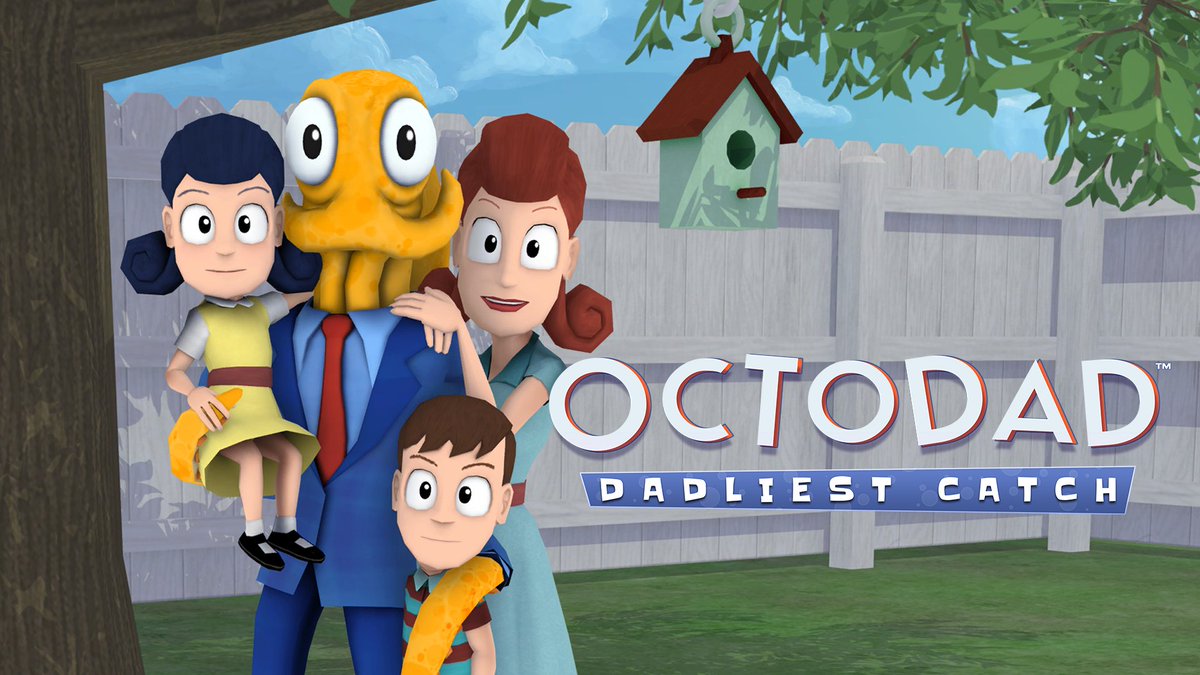 Family portrait of Octodad, Scarlet, Tommy, and Stacy in their backyard in front of a tree and white picket fence. From the tree hangs a birdhouse. The Octodad: Dadliest Catch game logo is placed on top.