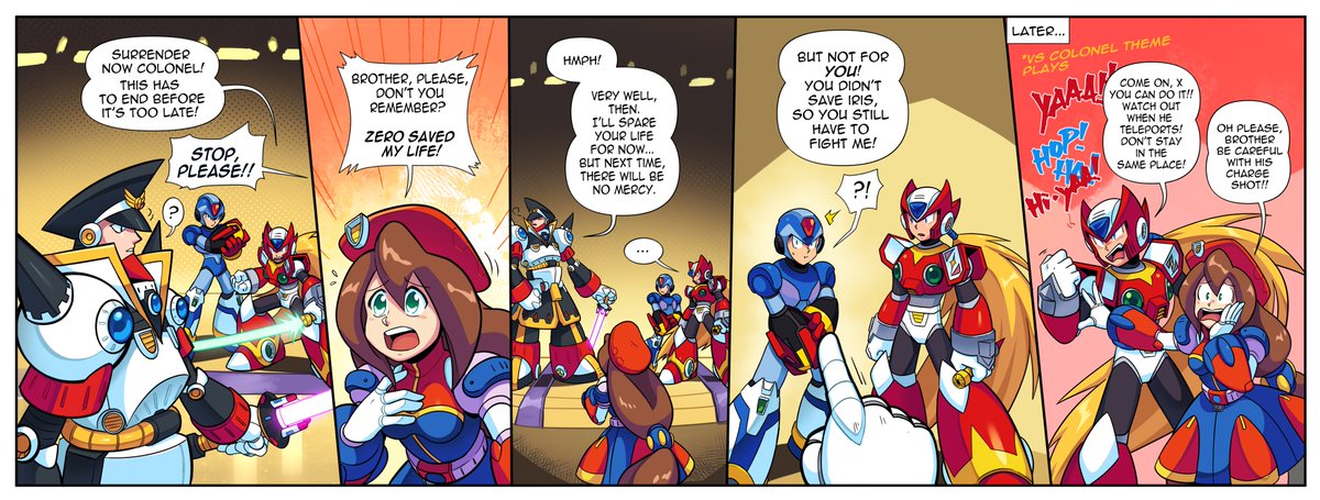 A little comic of Megaman X4!
both Zero and X's stories are supposed to happen simultaneously so they could totally crossover on each other in some way and well I thought of this idea 😆 