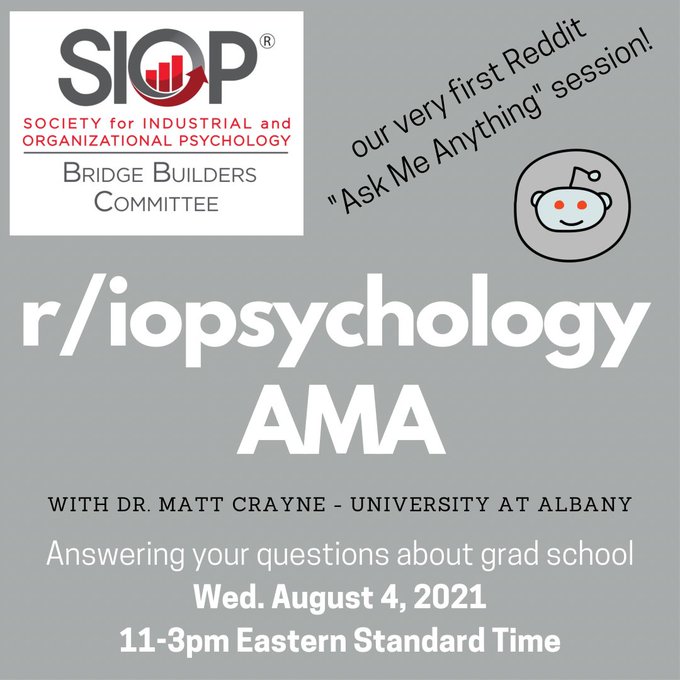 Be sure to join us tomorrow, Aug. 4th, for our first ever #Reddit #AMA. <a href="/mattcrayne/">Matt Crayne</a>, I-O Psychologist &amp; Assistant Professor of #Management at <a href="/ualbany/">University at Albany</a>, will be answering all of your #gradschool and #IOPsych questions! 

💻reddit.com/r/IOPsychology/

#psychology #HR #psychchatter