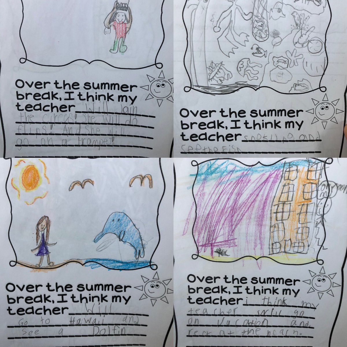 My students had wonderful plans for me over summer break (joining the circus, snorkeling, Hawaii and looking at fish) #SummerBreak ☀️🐬🐠