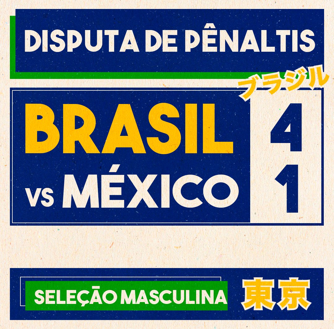 FIM DE JOGO! ESTAMOS NA FINAL DOS JOGOS OLÍMPICOS!!!!!!!

Em jogo muito disputado, a #SeleçãoOlímpica avança nos pênaltis e vai buscar a medalha de ouro!

🇧🇷 (4) 0x0 (1) 🇲🇽 | #BRAxMEX #JogosOlímpicos