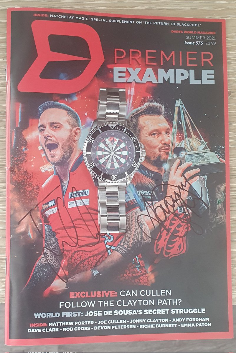 SaintNick180's tweet photo. Wow they have arrived my prizes from @Darts_World Matchplay competition. This stunning @Toff_London watch ⌚ and DW magazine 📖 signed by @rockstar_13_ @JonnyClay9 I am over the moon with these prizes I would like to thank everybody involved 😊😁🎯 https://t.co/e3GB1naa0U