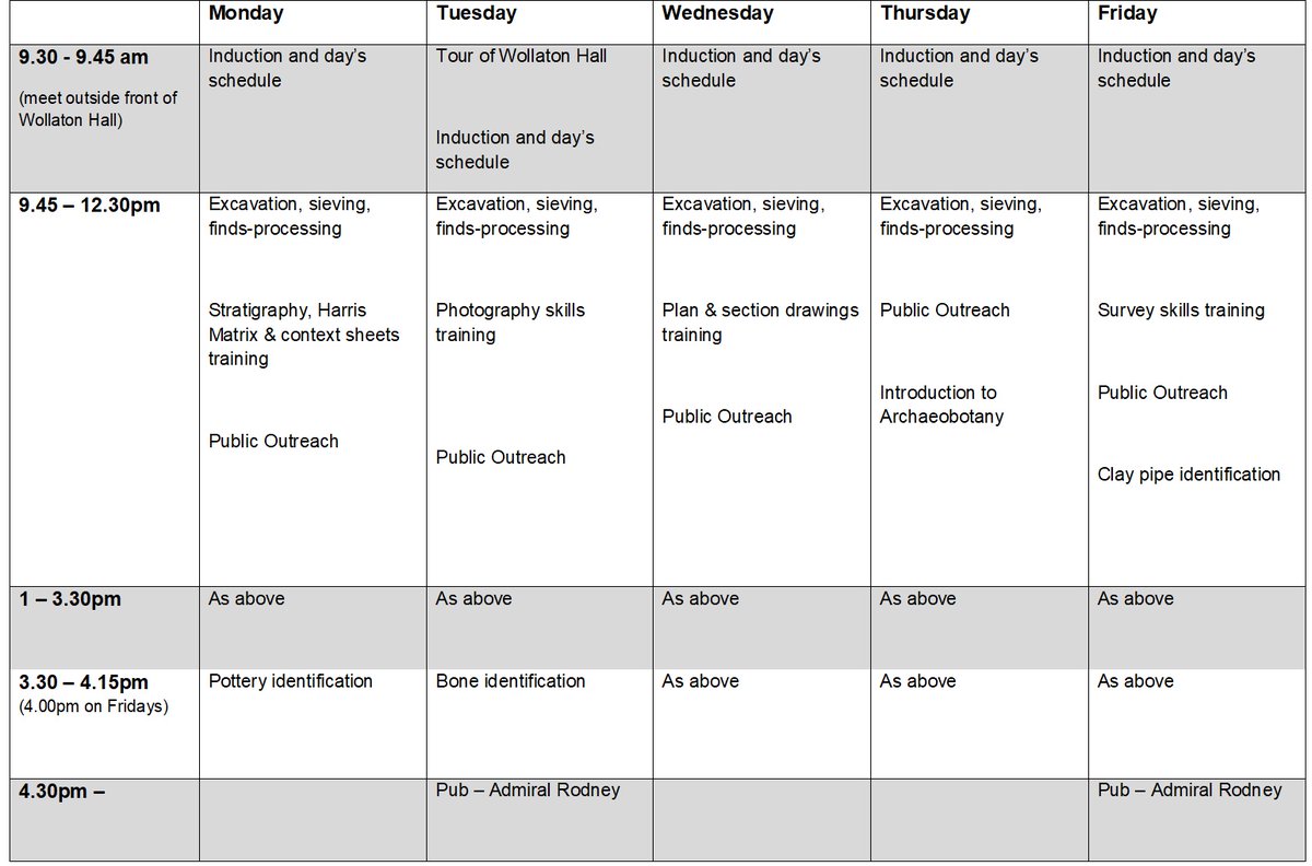 Our confirmed weekly schedule for #WeDig Wollaton Park! New for this year is our Archaeobotany session taking place on Thursdays with our resident archaeobotanist Stacey Adams! Last minute bookings are being taken! See you at <a href="/WollatonHall/">Wollaton Hall</a> for some #archaeology #training