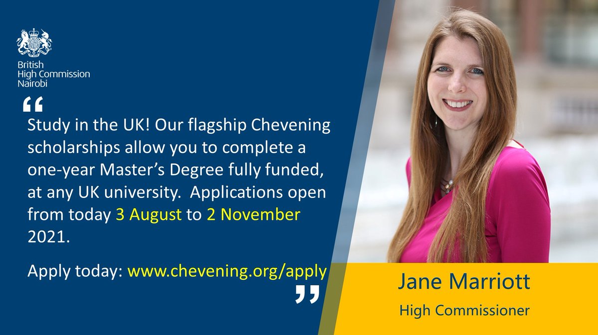 UKinKenya's tweet photo. Applications for the Chevening Scholarship programme, our fully-funded Master’s Degree programme at any UK university, is now open.
To apply, visit https://t.co/lXcxBJP4hU
#BeChevening https://t.co/LC5Hq20fsB