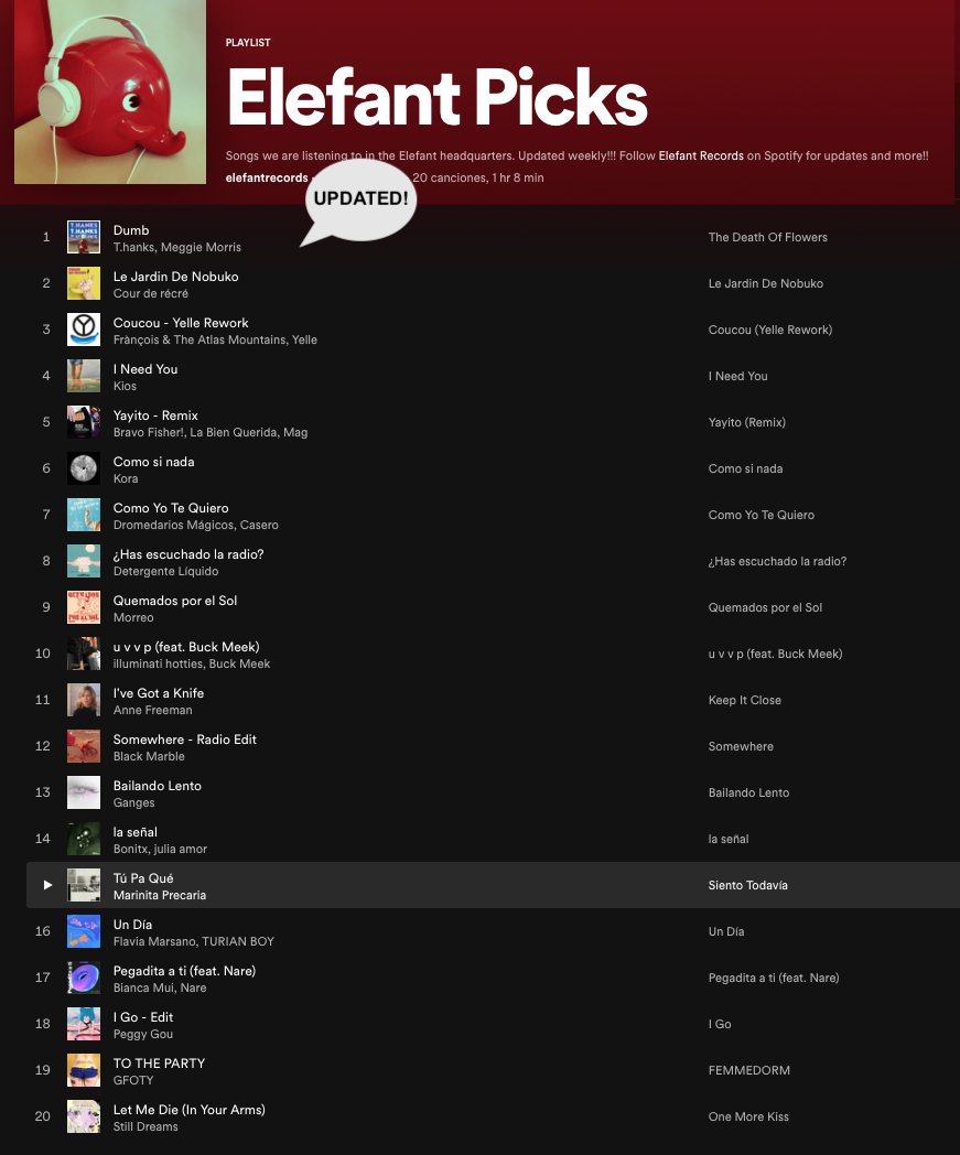 3-8-21 Acabamos de actualizar #Playlist #Updated ELEFANT PICKS #Spotify spoti.fi/3d6RRF0 Canciones favoritas agosto 2021