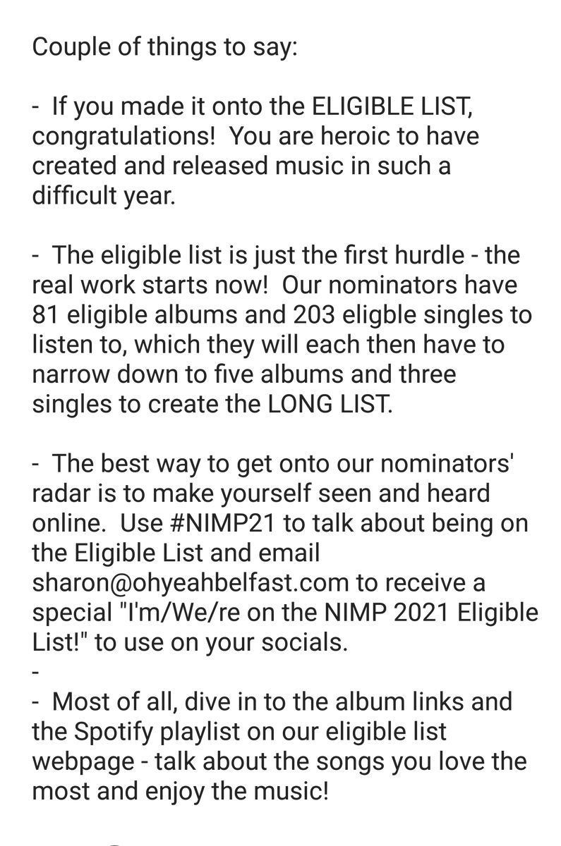 NIMusicPrize's tweet photo. So, here it is - the ELIGIBLE LIST for Best Album and Best Single at #NIMP21 - https://t.co/nCBO9ZwKKO

If you're on the list, congratulations!  Now have a read below to find out what you need to do next... https://t.co/GAptJn13Dm