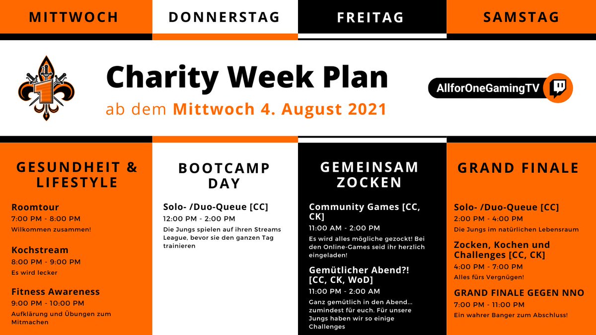 all41_gaming's tweet photo. Hier ist er, der finale Plan für die Charity Week!
Um euch einzelne Punkte nochmal näher zu bringen, wird das ganze hier ein kleiner Thread 😃
https://t.co/uWGGnxuIdi
Der Stream wird mit Donation-Anreize und Giveaways gefüllt sein, also solltet ihr auf jeden Fall weiter lesen 😉 https://t.co/0569IoZaeC