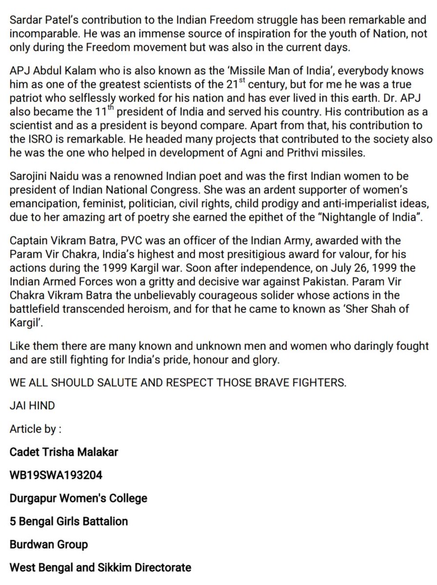 MalakarTrisha's tweet photo. An Article on Patriotism
By - CDT Trisha Malakar
5 Bengal Girls Battalion
Burdwan Group
West Bengal and Sikkim Directorate
@HQ_DG_NCC @nccwbskm @mygovindia @DefencePROTvm
@NccDefence #WestBengal #mygov #patriotism #ncccadet https://t.co/zWjgaHg4oE