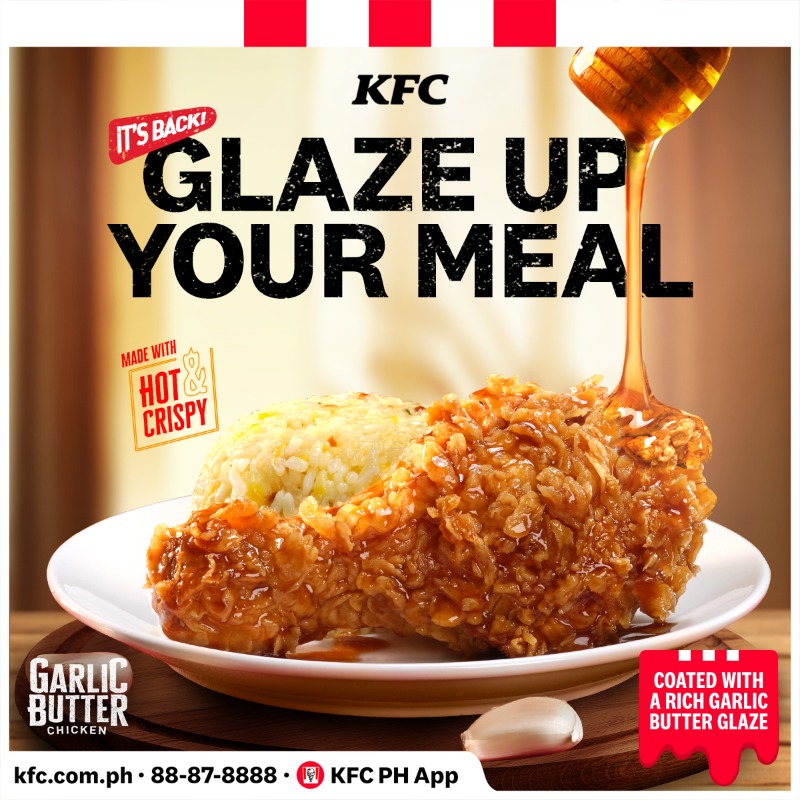 KFCPhilippines's tweet photo. Been wanting to amp up your fried chicken experience? Our Garlic Butter Chicken is back with the same rich &amp; flavorful glaze! Savor the rich taste of our Hot &amp; Crispy chicken coated with a rich garlic butter glaze, paired with garlic butter rice. #KFCGarlicButterComeback