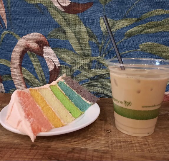 Iced coffee and #rainbowcake (home made by James, of course) today anyone? #leeds #lgbtleeds #leedsindiefood #leedsfoodie #homemadecakes