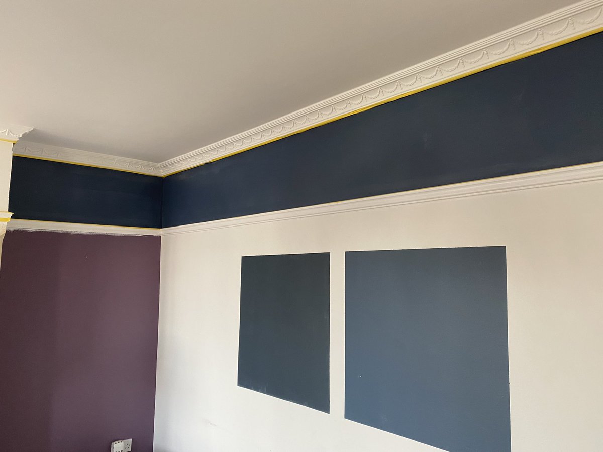 After being pebble dashed yesterday with white paint from the ceilings, today will mainly be a blue day! #DIY #Renovation #Makingahouseahome #Restoration