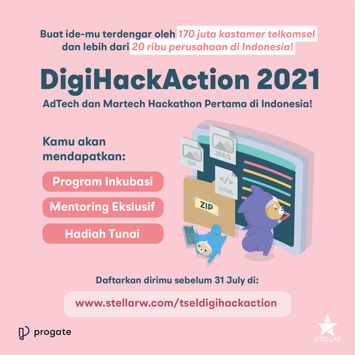 readysetcodeid's tweet photo. Untuk Ninja yang punya ide bisnis digital di bidang advertising dan marketing technology, yuk ikutan kompetisi DigiHackAction 2021! Hadiahnya menarik loh, ada uang tunai total 100 juta!
Daftar sebelum tanggal 7 Agustus di:
https://t.co/AVDfDJpEo8
#digihack #hackathon #progate https://t.co/CsNRBRjAQf
