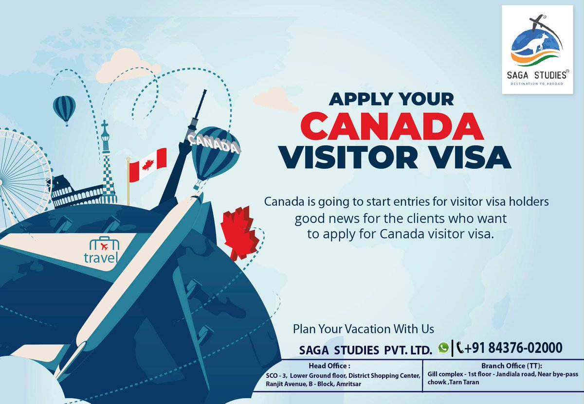 StudiesSaga's tweet photo. 👉Hurry!! Apply your Canada Visitor visa !!.👈
✅Great news for the clients who want to apply for Canada Visitor visa. 
✅Canada is going to start entries for Canada visitor visa holders. Hurry up start your process. 
📞Call or Whats app us @ 8437602000 https://t.co/XlyjKekAt1